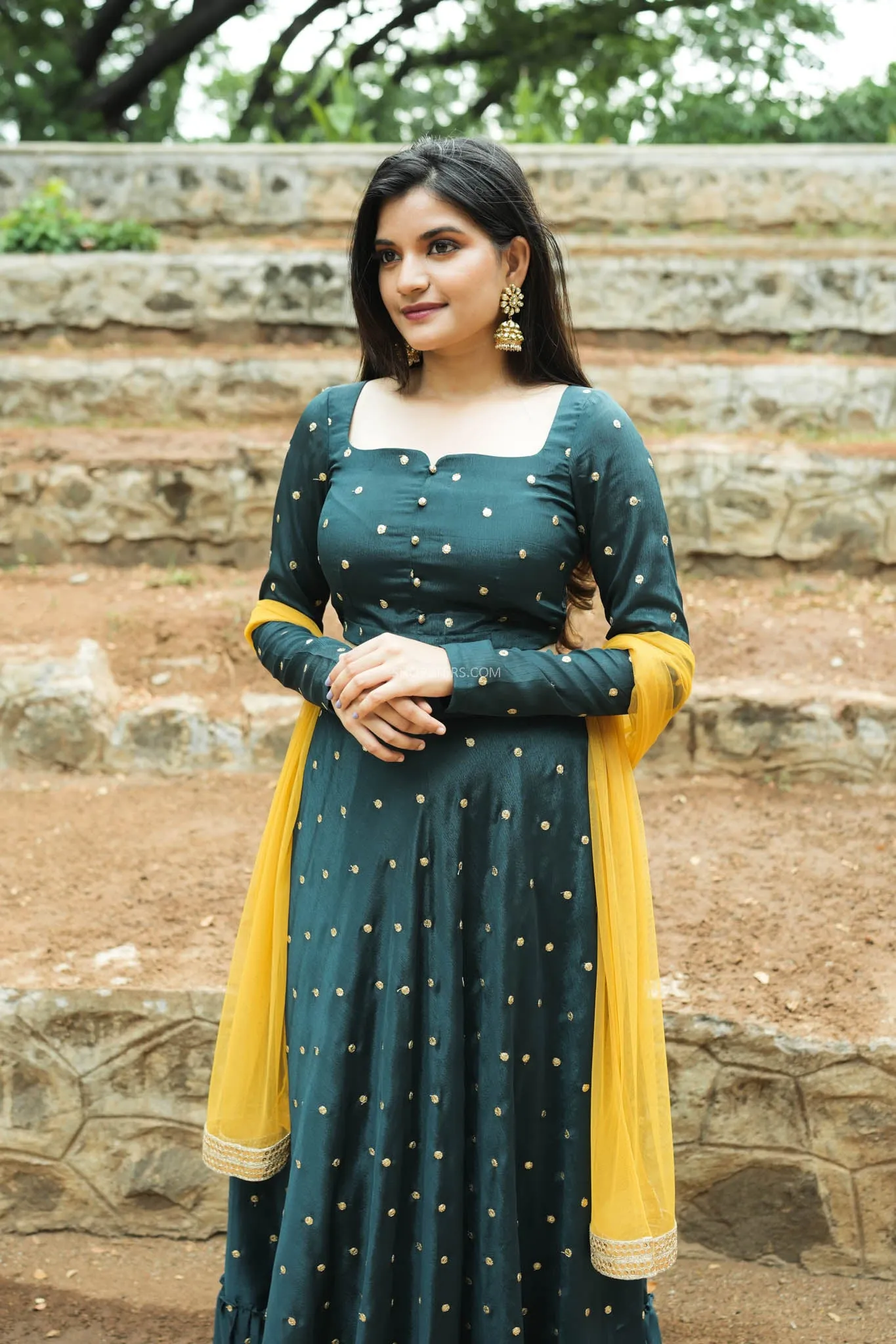Jade Green Flared Lehenga With Embroidered Buttas