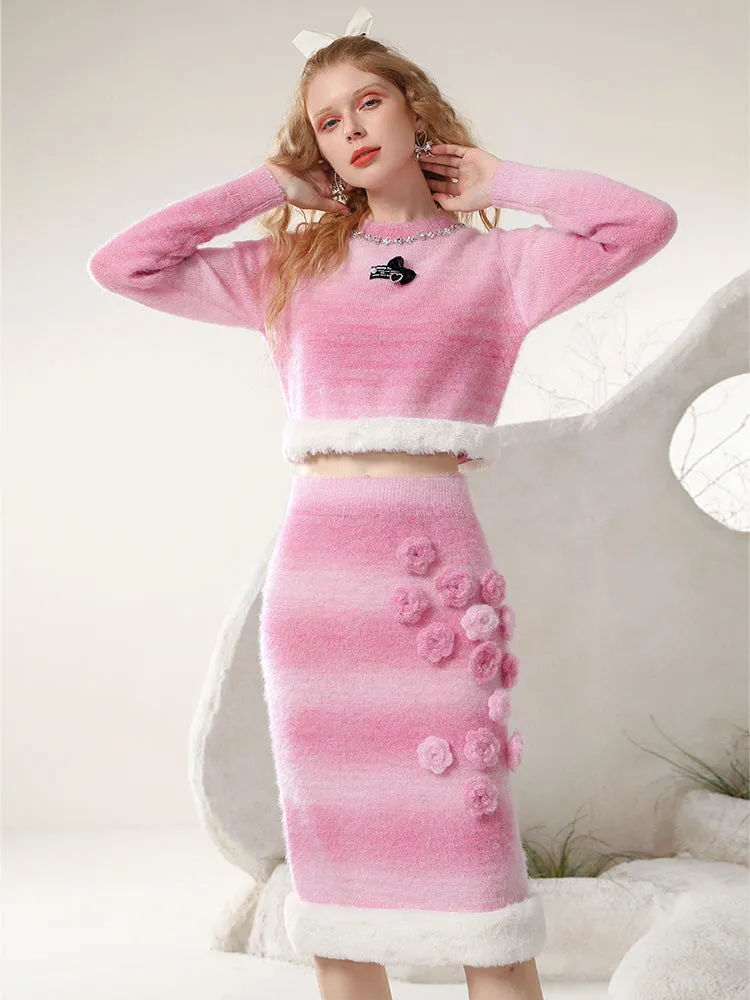 Knit Feminine 3D Flower Cute Boa Set-Up Tops＆Skirt