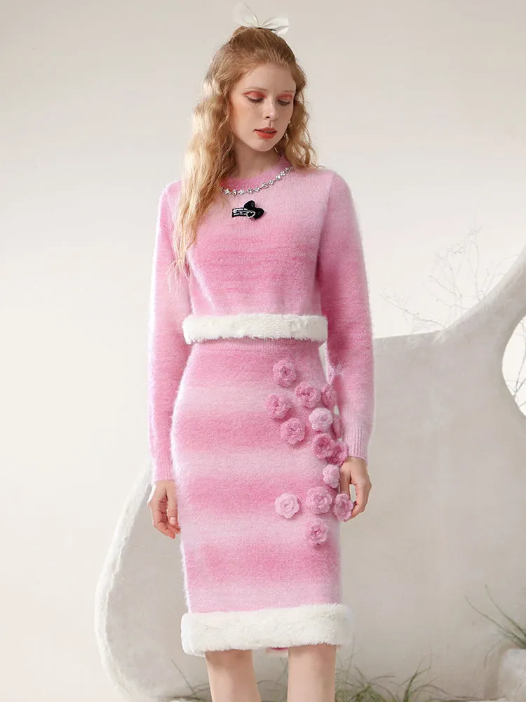 Knit Feminine 3D Flower Cute Boa Set-Up Tops＆Skirt