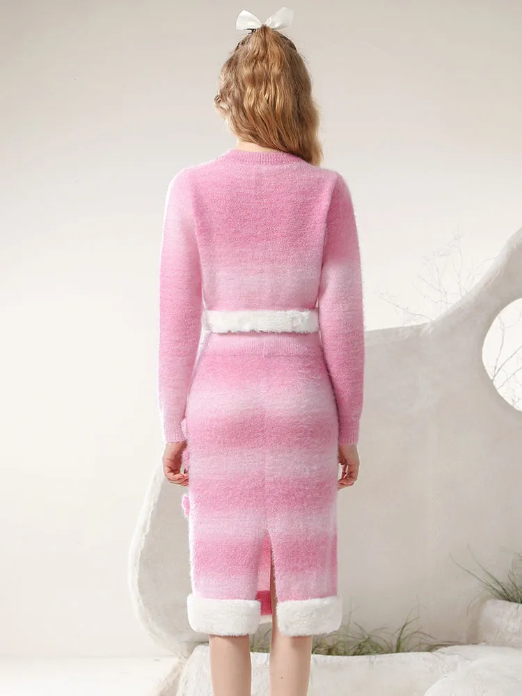 Knit Feminine 3D Flower Cute Boa Set-Up Tops＆Skirt