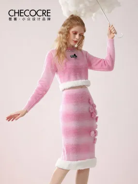 Knit Feminine 3D Flower Cute Boa Set-Up Tops＆Skirt