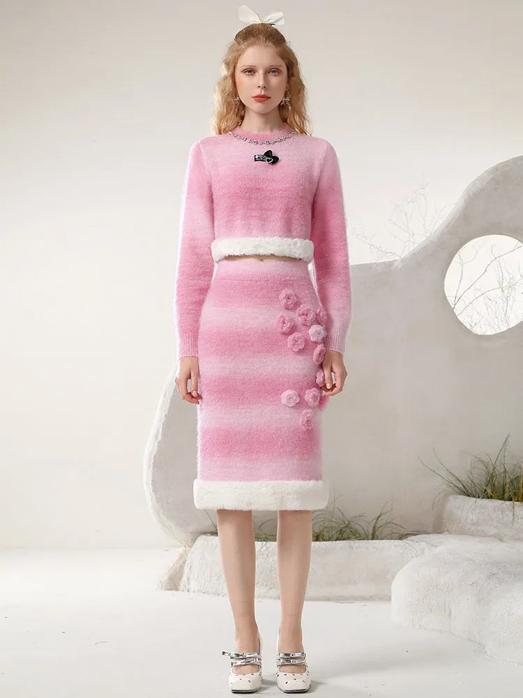 Knit Feminine 3D Flower Cute Boa Set-Up Tops＆Skirt