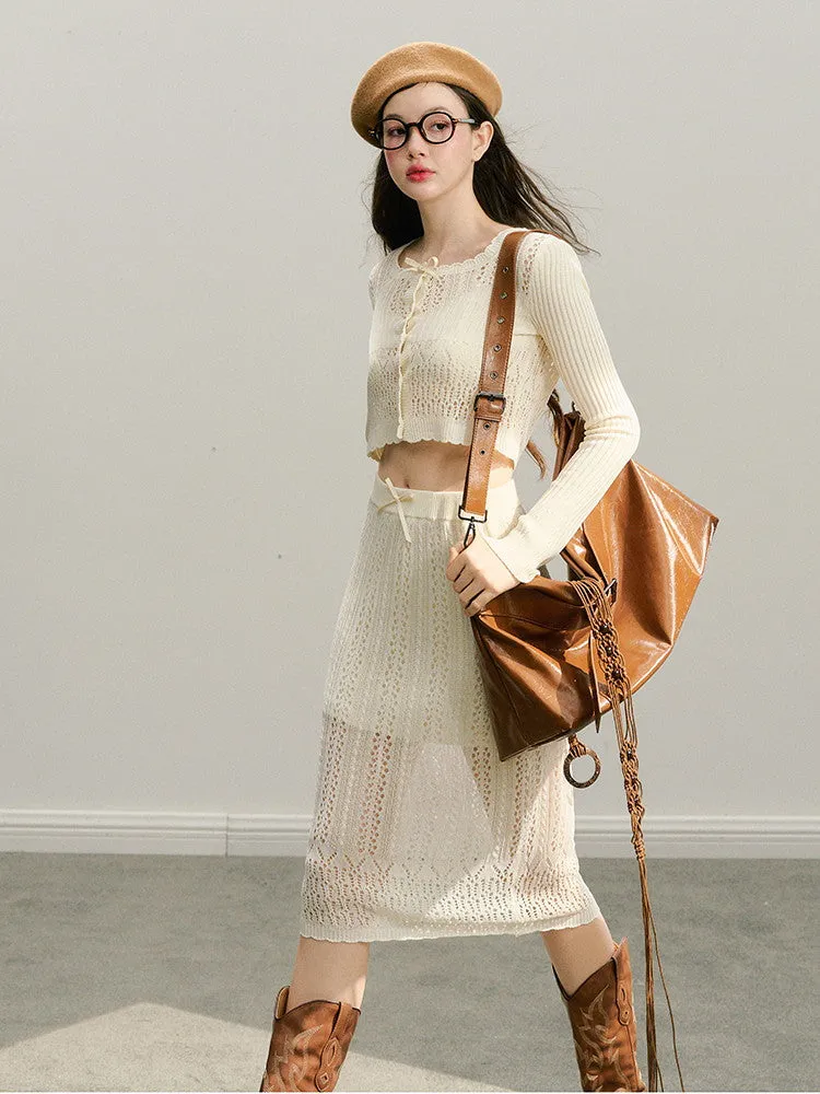 Knit Set-Up Sheer Mesh Scallop Feminine Sexy Tops＆Skirt