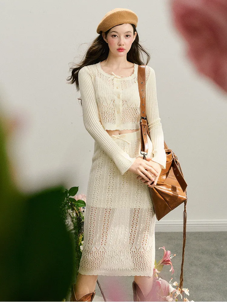 Knit Set-Up Sheer Mesh Scallop Feminine Sexy Tops＆Skirt