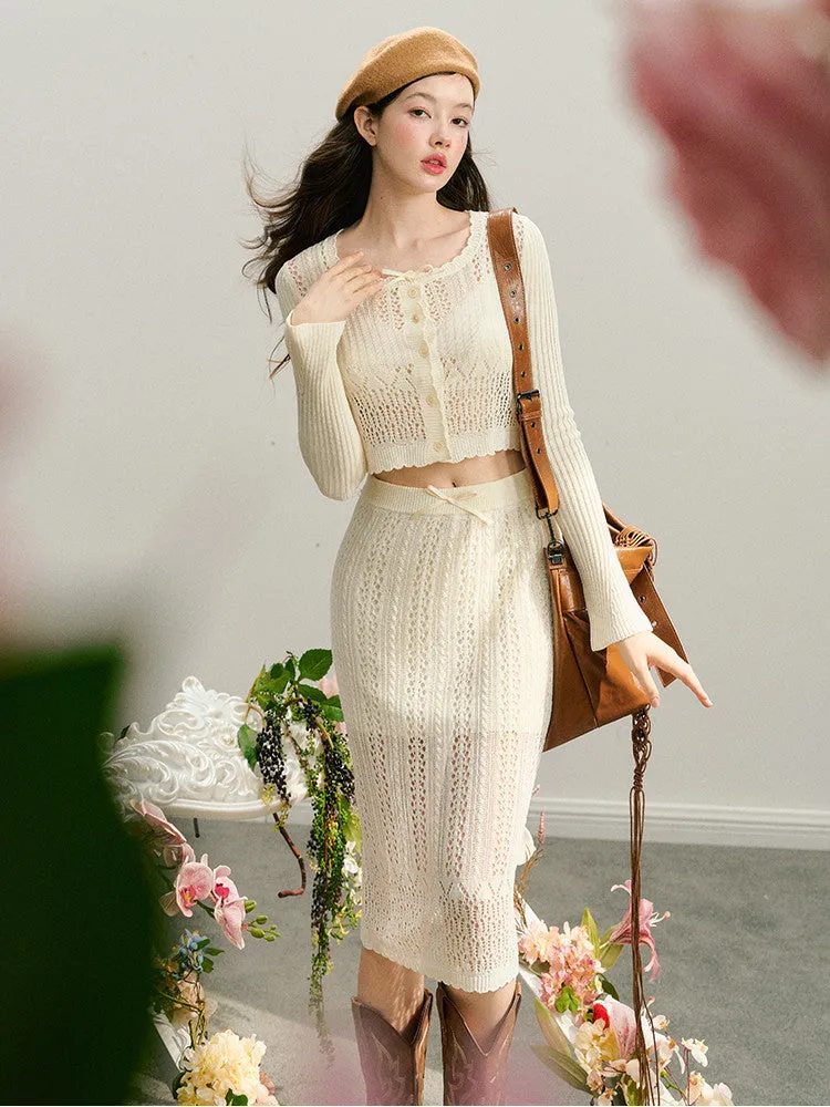 Knit Set-Up Sheer Mesh Scallop Feminine Sexy Tops＆Skirt