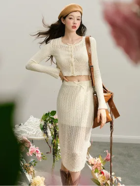 Knit Set-Up Sheer Mesh Scallop Feminine Sexy Tops＆Skirt