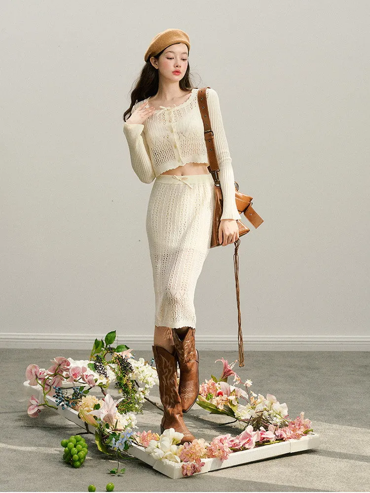 Knit Set-Up Sheer Mesh Scallop Feminine Sexy Tops＆Skirt
