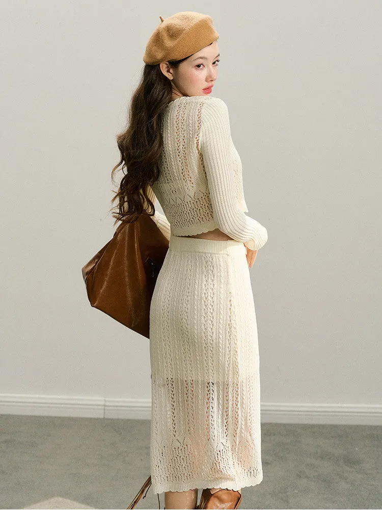 Knit Set-Up Sheer Mesh Scallop Feminine Sexy Tops＆Skirt