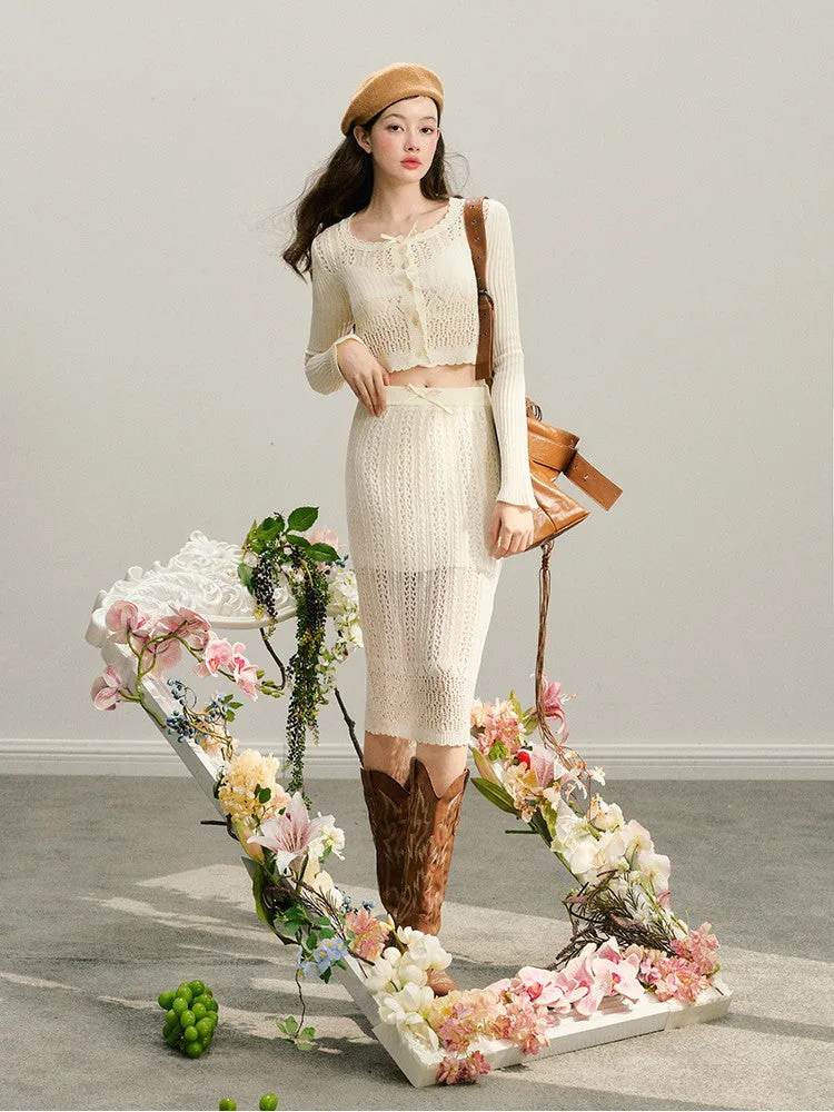 Knit Set-Up Sheer Mesh Scallop Feminine Sexy Tops＆Skirt