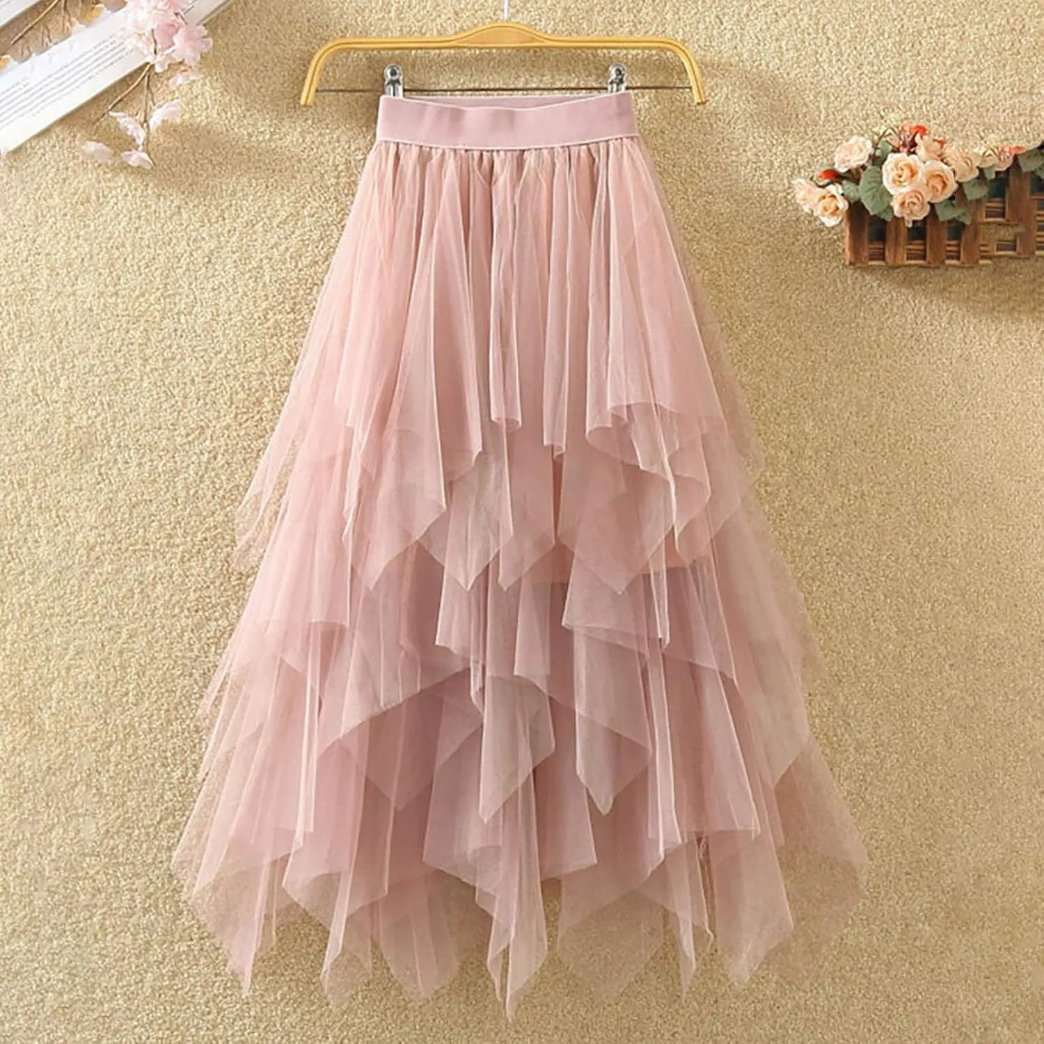 Maxi Skirts for Women Long High Elastic Waist Lightweight Sheer Ruffle Hem Loose Fit A-Line Trendy Mesh Long Skirts
