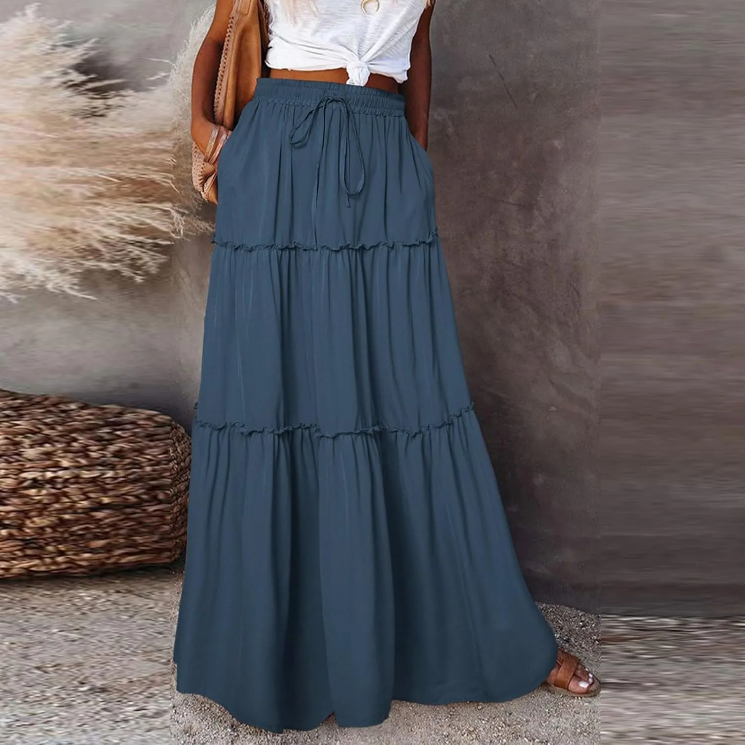 Maxi Skirts for Women Trendy Summer Tiered Elastic High Waisted Skirt Beach Vacation A Line Flowy Long Skirts