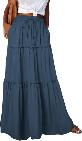 Maxi Skirts for Women Trendy Summer Tiered Elastic High Waisted Skirt Beach Vacation A Line Flowy Long Skirts
