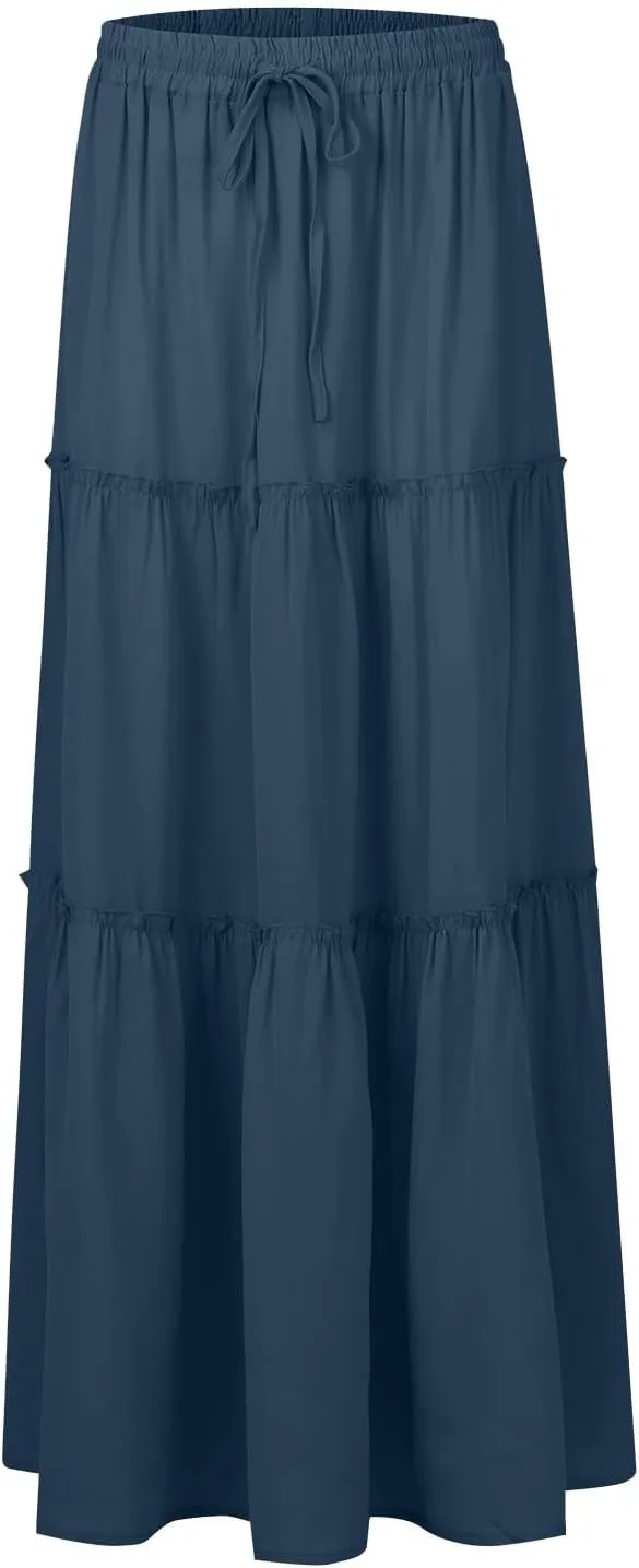 Maxi Skirts for Women Trendy Summer Tiered Elastic High Waisted Skirt Beach Vacation A Line Flowy Long Skirts