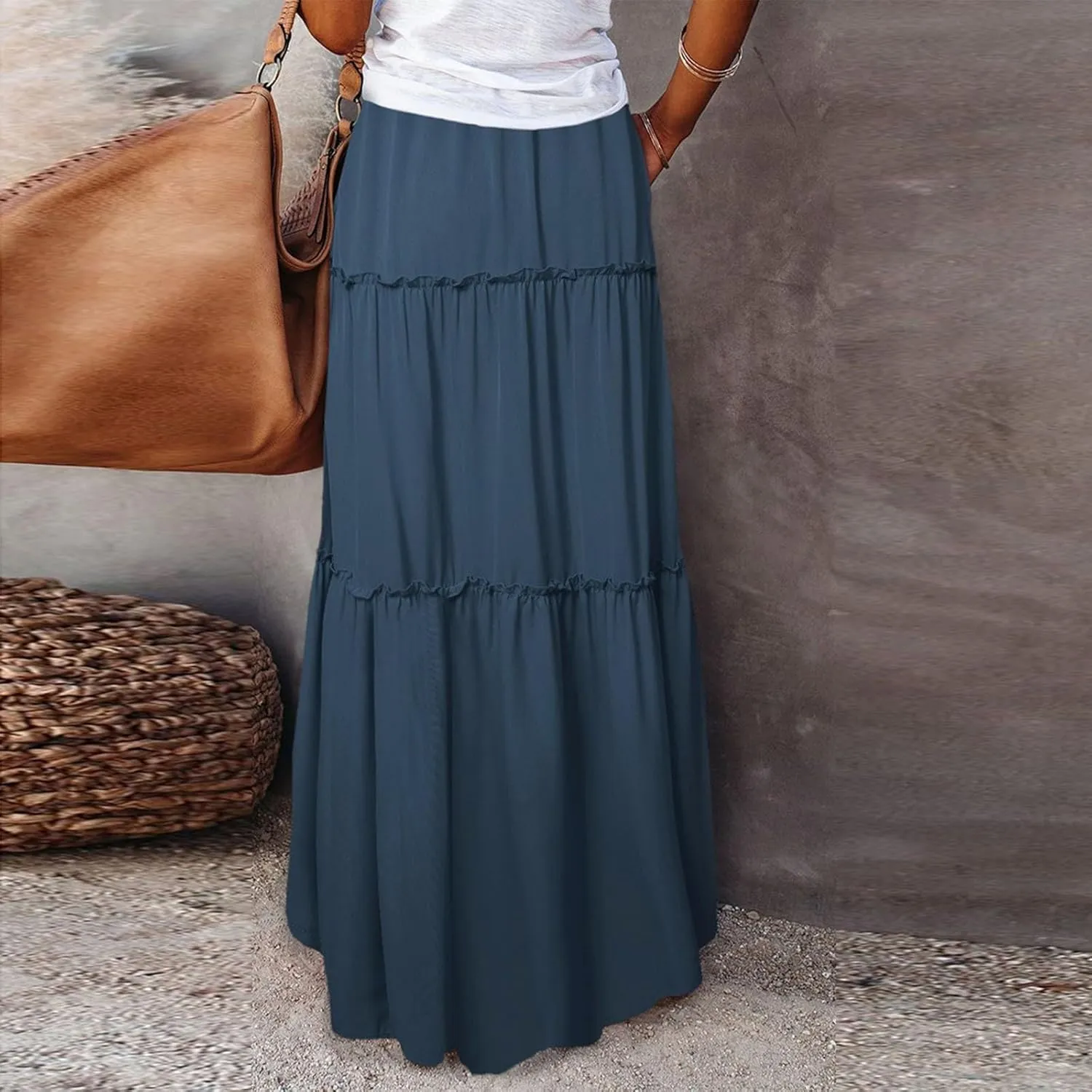 Maxi Skirts for Women Trendy Summer Tiered Elastic High Waisted Skirt Beach Vacation A Line Flowy Long Skirts