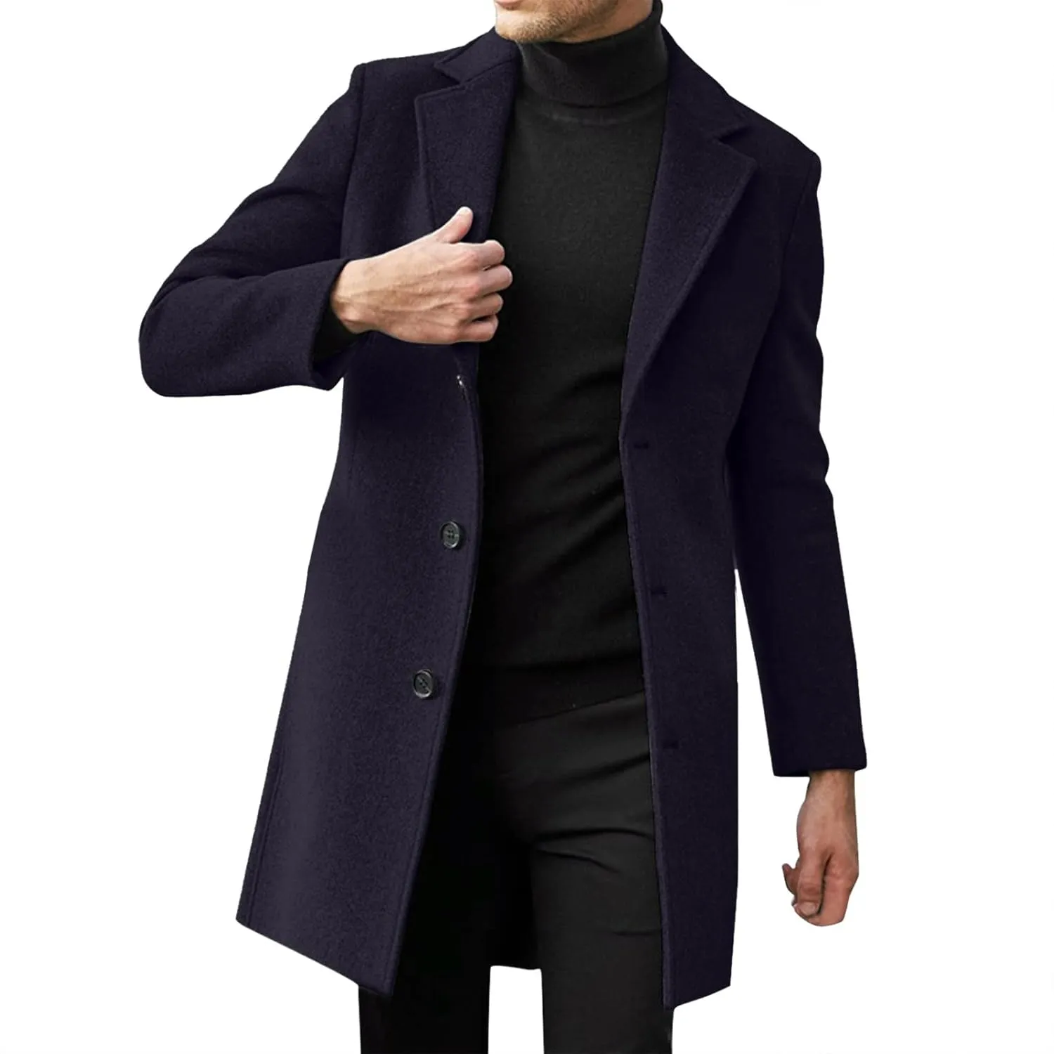 Mens Big and Tall Notched Lapel Single Breasted Pea Coats Trench Business Woolen Button Down Jackets Fall Work Topcoat M-5XL