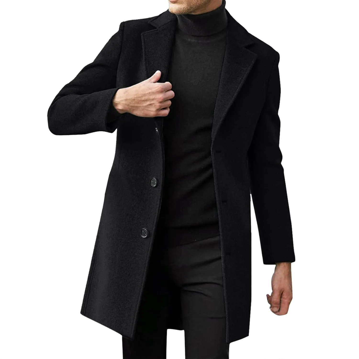 Mens Big and Tall Notched Lapel Single Breasted Pea Coats Trench Business Woolen Button Down Jackets Fall Work Topcoat M-5XL