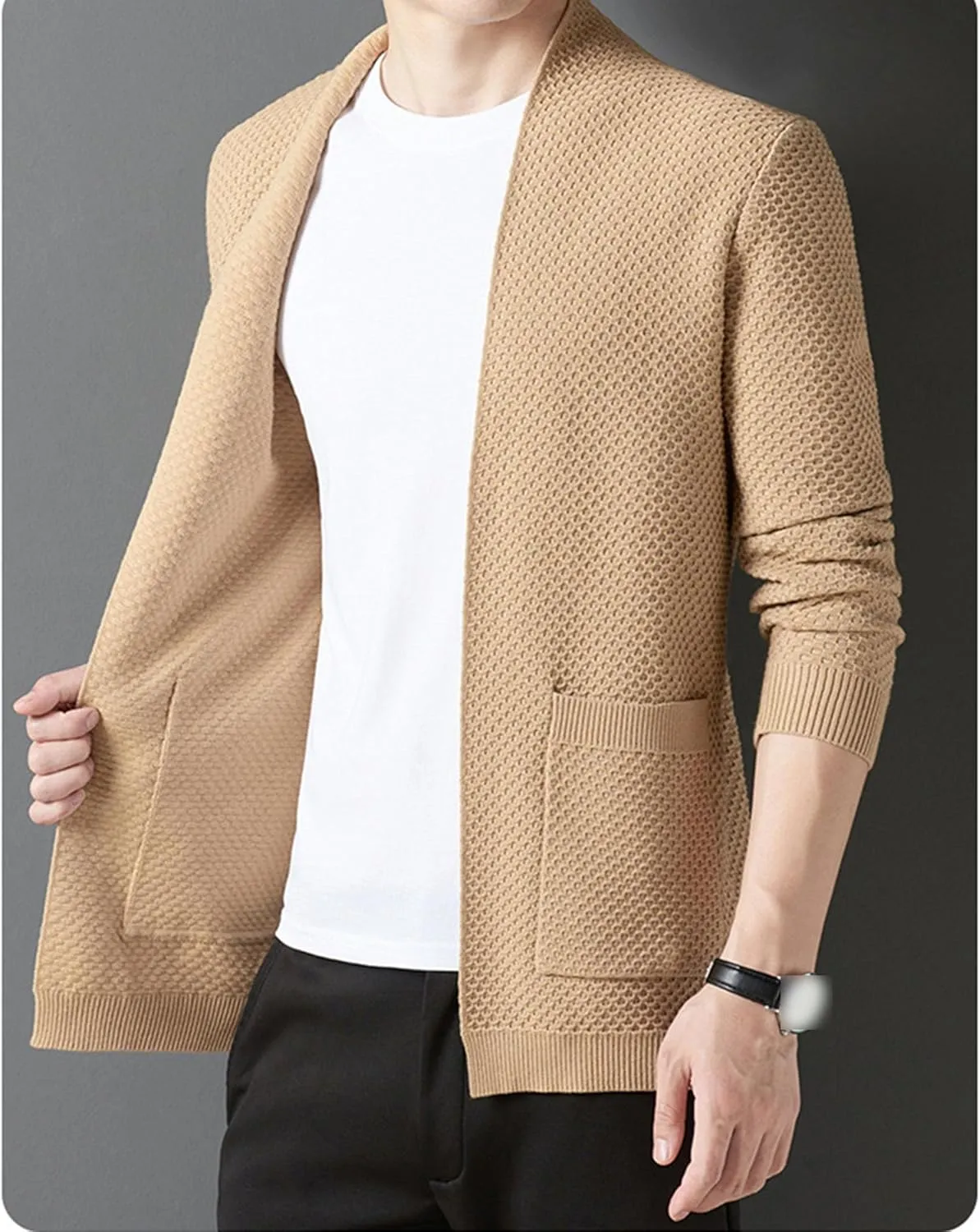 Men's V-Neck Stretchy Fleece Sweater Solid Color Casual Cardigan Coats Slim Soft Stylish Knitted Coats