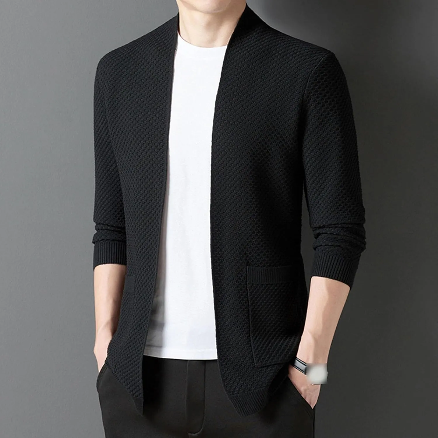 Men's V-Neck Stretchy Fleece Sweater Solid Color Casual Cardigan Coats Slim Soft Stylish Knitted Coats
