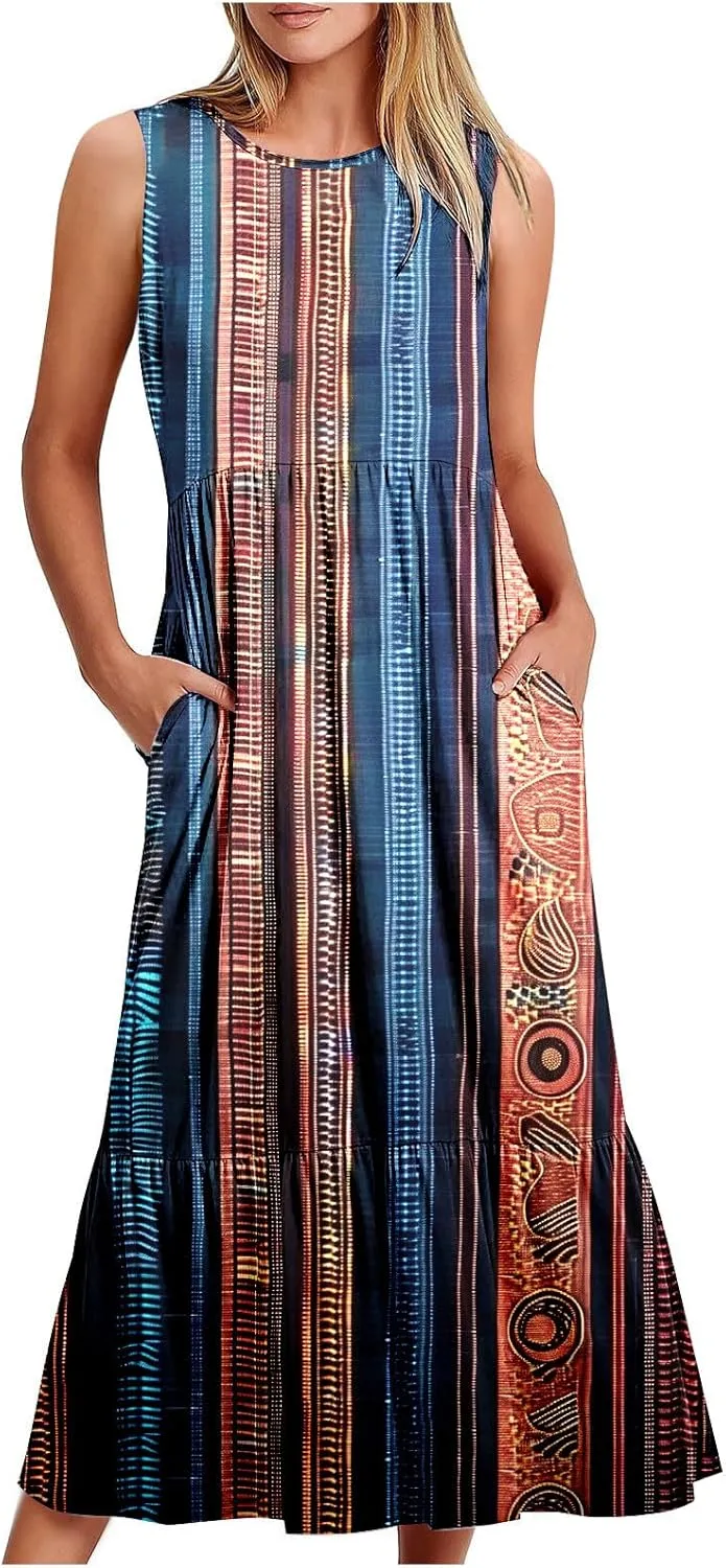 Midi Dresses for Women Elegant Halter Dress Pleated Flowy Comfortable Soft Dress Summer Outing Dresses with Pockets
