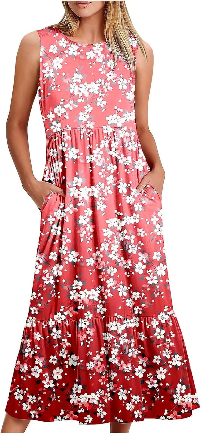 Midi Dresses for Women Elegant Halter Dress Pleated Flowy Comfortable Soft Dress Summer Outing Dresses with Pockets
