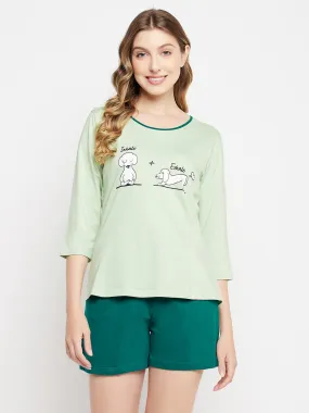 Mint Green Cotton Text Print Top & Chic Basic Shorts