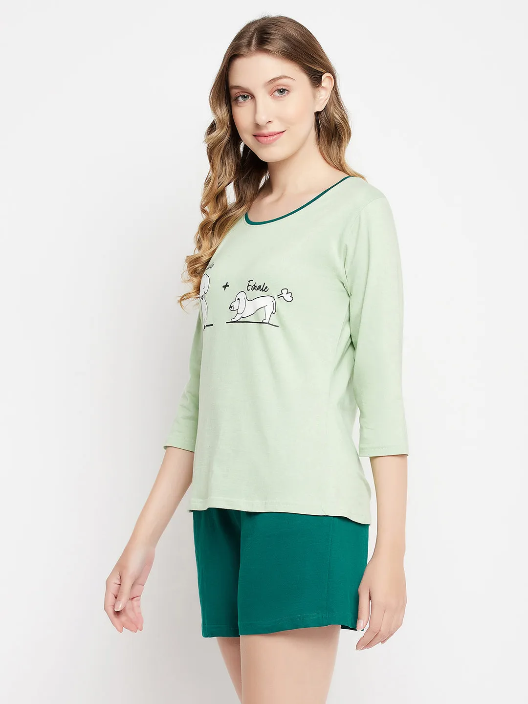 Mint Green Cotton Text Print Top & Chic Basic Shorts
