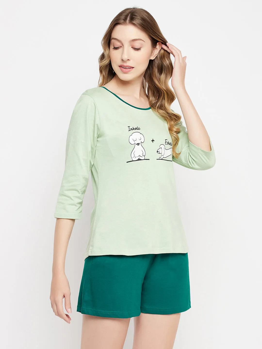Mint Green Cotton Text Print Top & Chic Basic Shorts