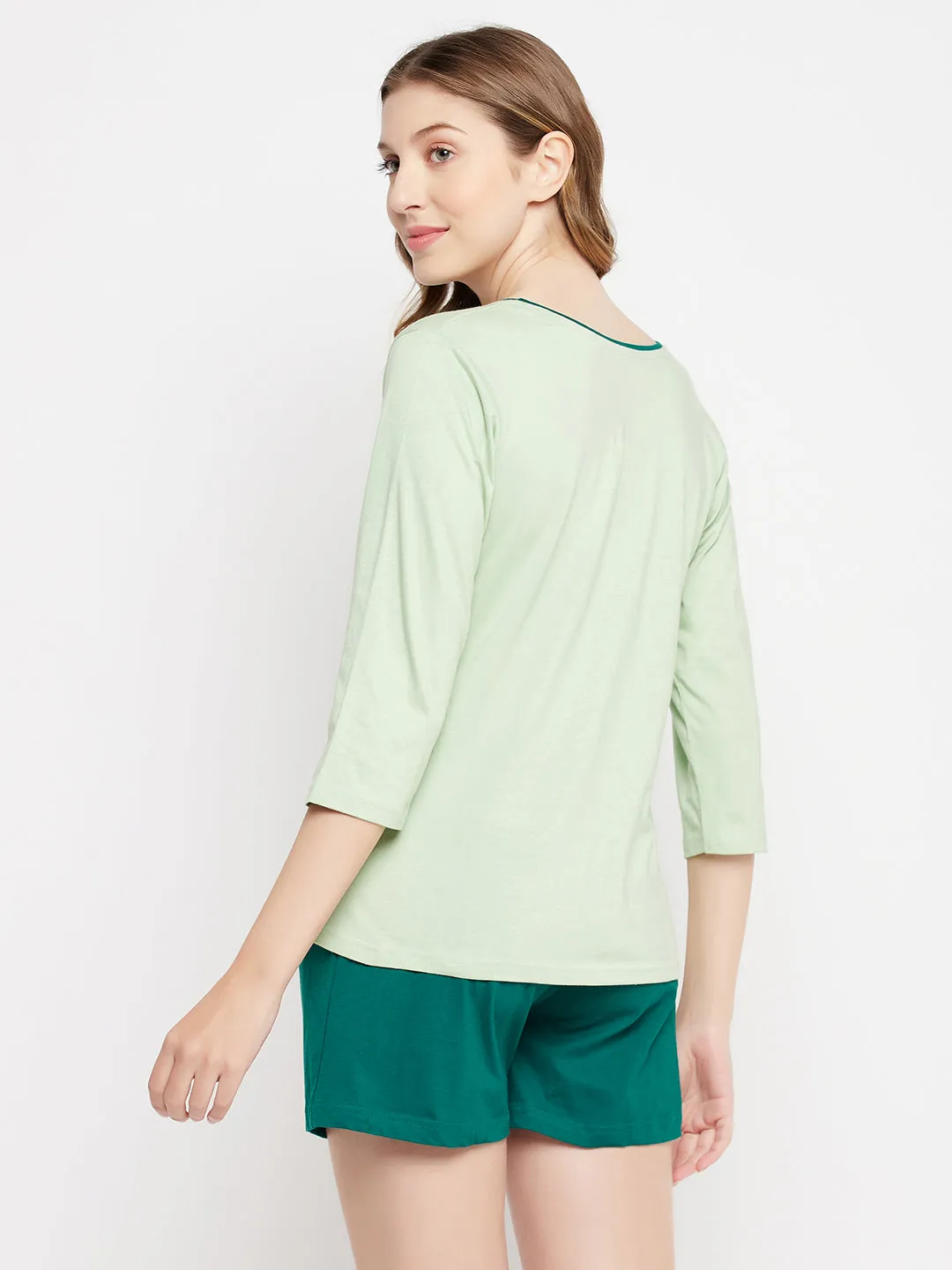 Mint Green Cotton Text Print Top & Chic Basic Shorts