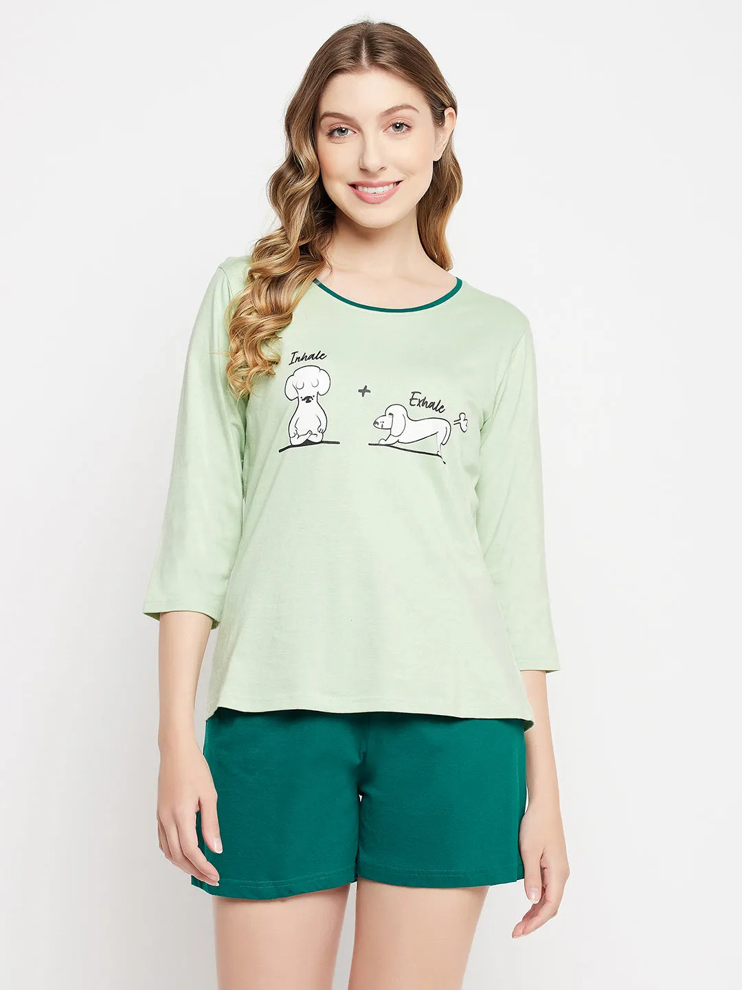 Mint Green Cotton Text Print Top & Chic Basic Shorts