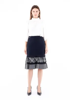 Navy Flounce A-Line Ruffle Plaid Semi Fishtail Skirt