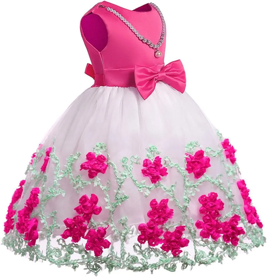 NSSMWTTC 2-9T Flower Girls Wedding Embroidery Dresses Toddler Christmas Easter Pgeant Dress with Necklace