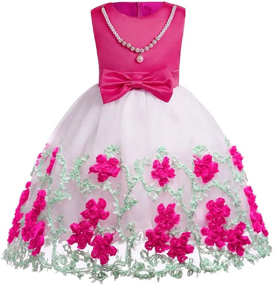 NSSMWTTC 2-9T Flower Girls Wedding Embroidery Dresses Toddler Christmas Easter Pgeant Dress with Necklace