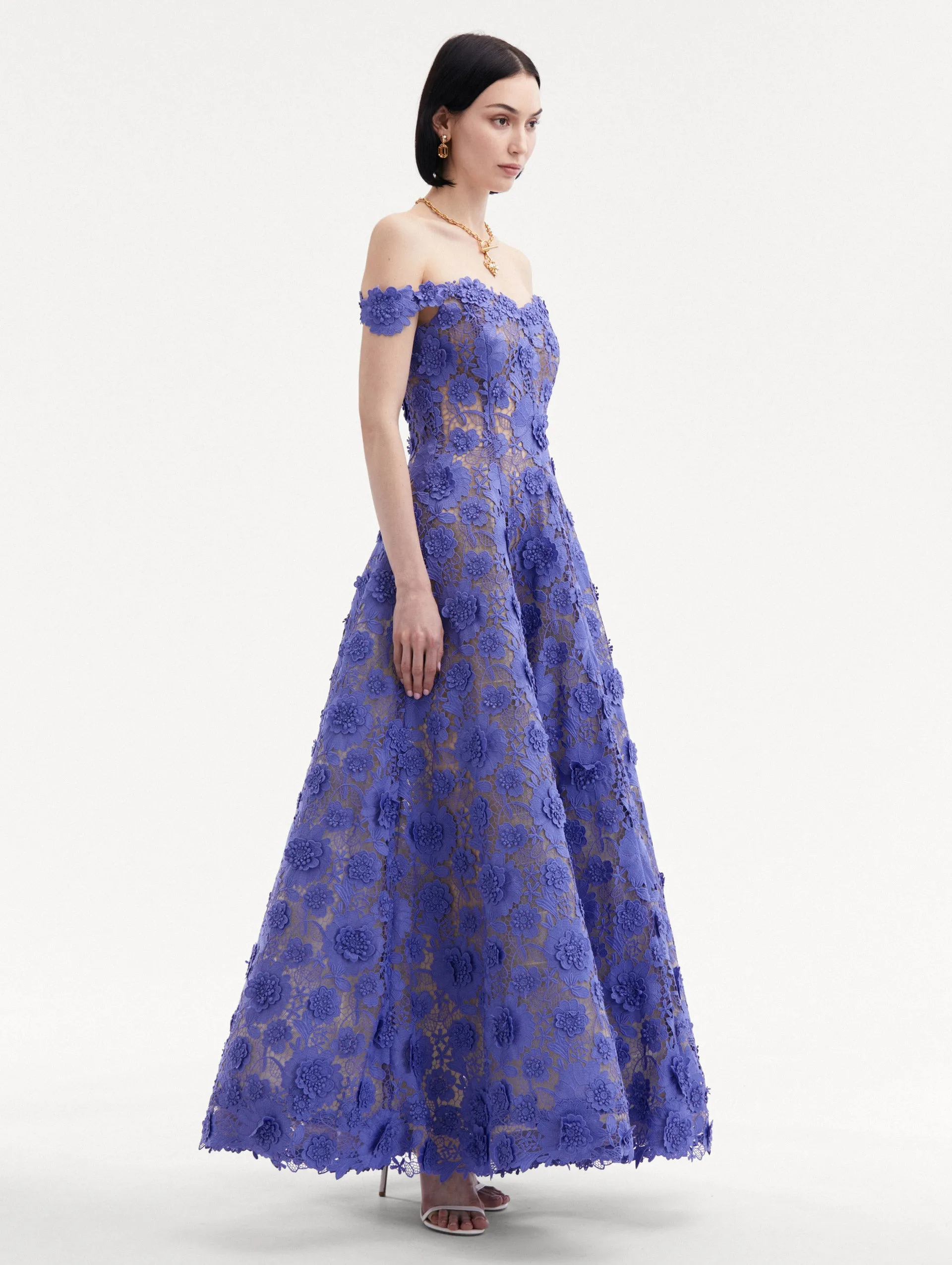 Off Shoulder Floral Guipure Gown
