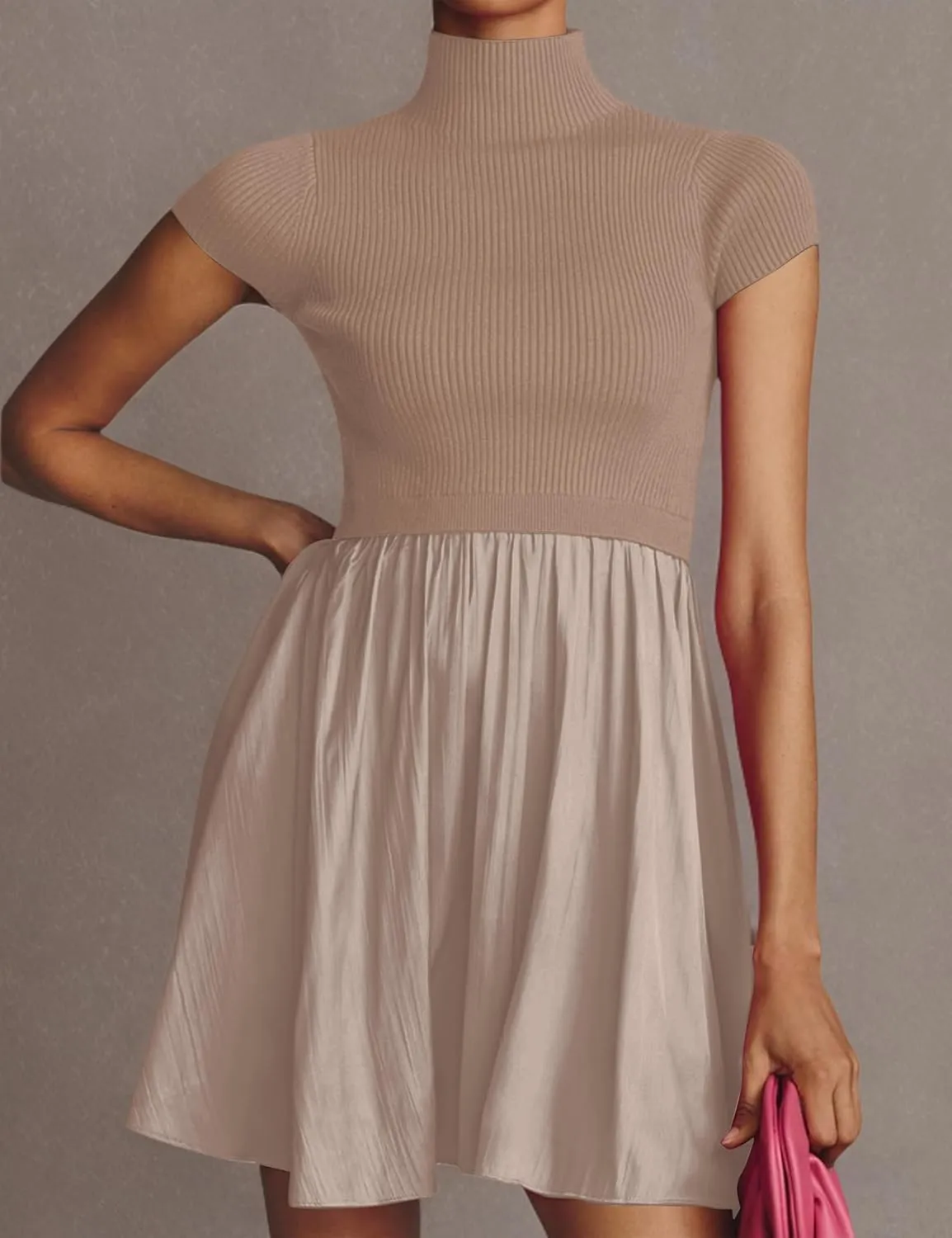OLAPTA Women Mock Neck Patchwork Pleated Sweater Dress Short Sleeve Swing Knitted Solid Slim Fit Fashion Mini Dress Trendy