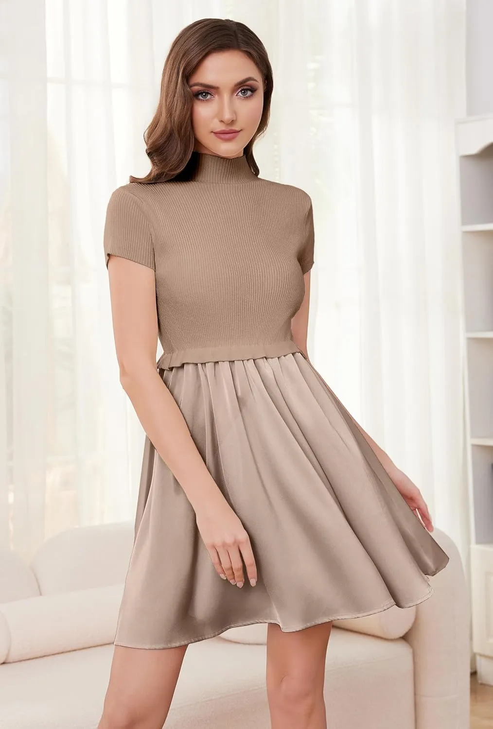 OLAPTA Women Mock Neck Patchwork Pleated Sweater Dress Short Sleeve Swing Knitted Solid Slim Fit Fashion Mini Dress Trendy