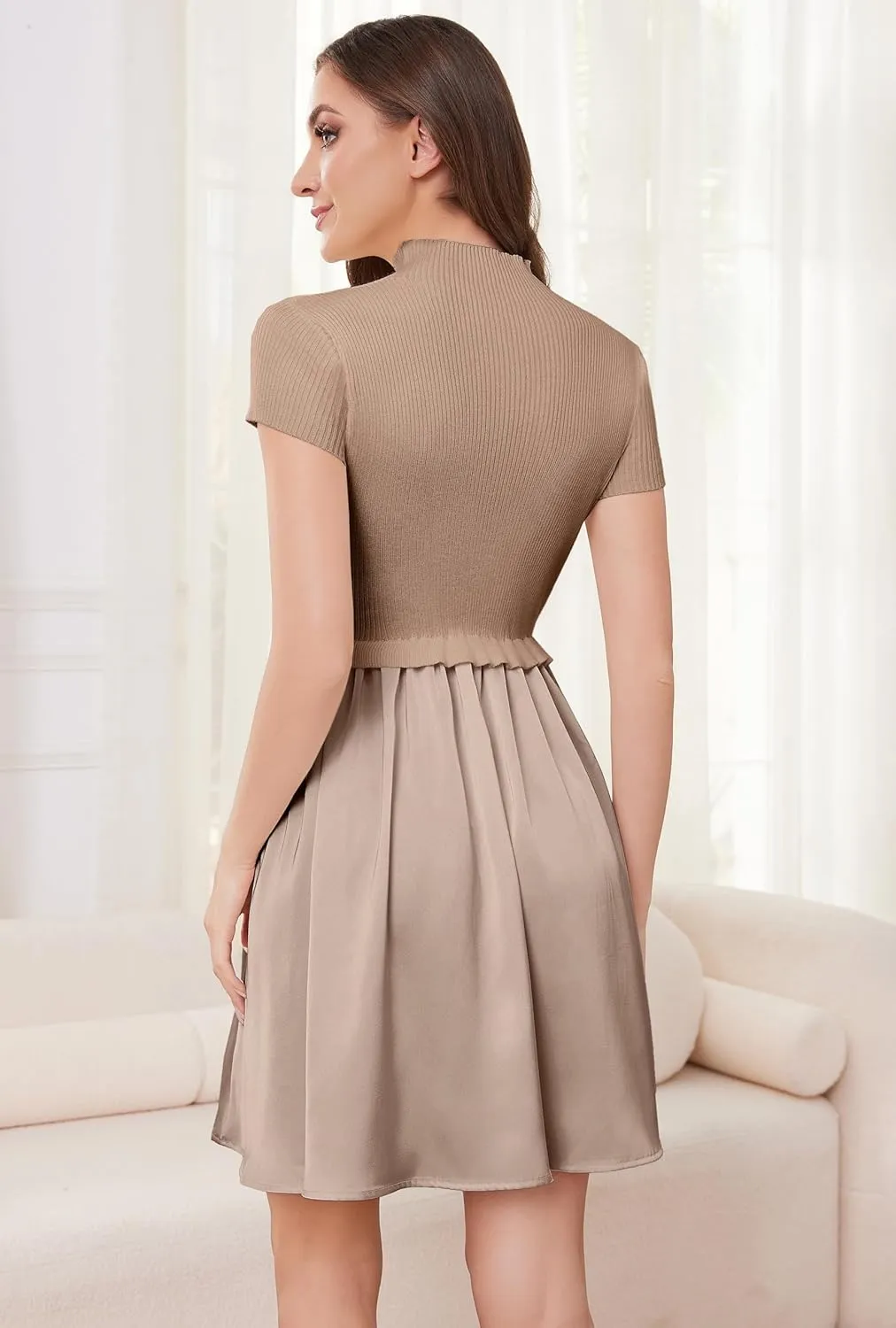 OLAPTA Women Mock Neck Patchwork Pleated Sweater Dress Short Sleeve Swing Knitted Solid Slim Fit Fashion Mini Dress Trendy