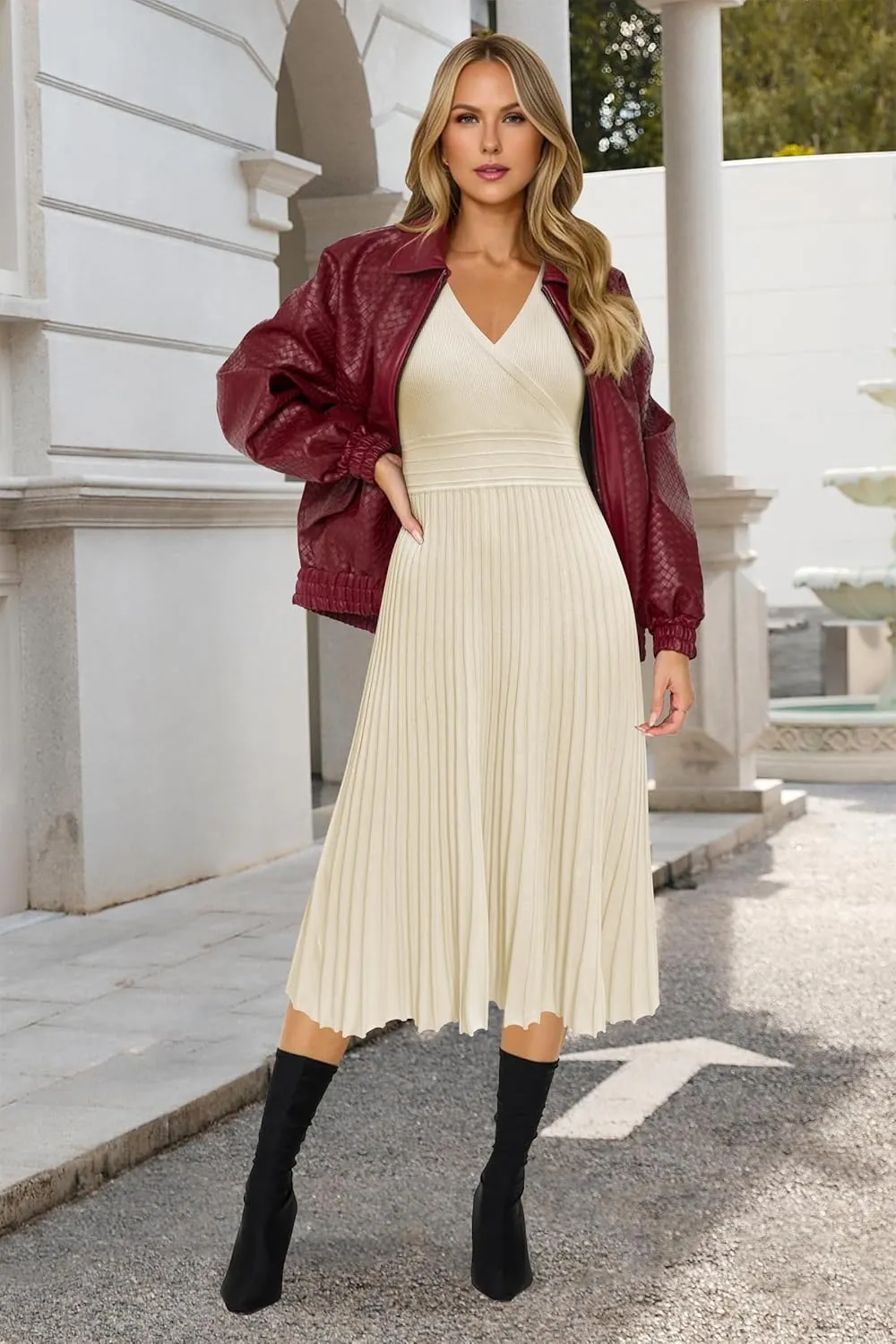 OUGES Womens 2024 Fall Maternity Dress Long Sleeve Wrap V Neck Pleated Midi Dress Casual Sweater Dress Trendy Outfits