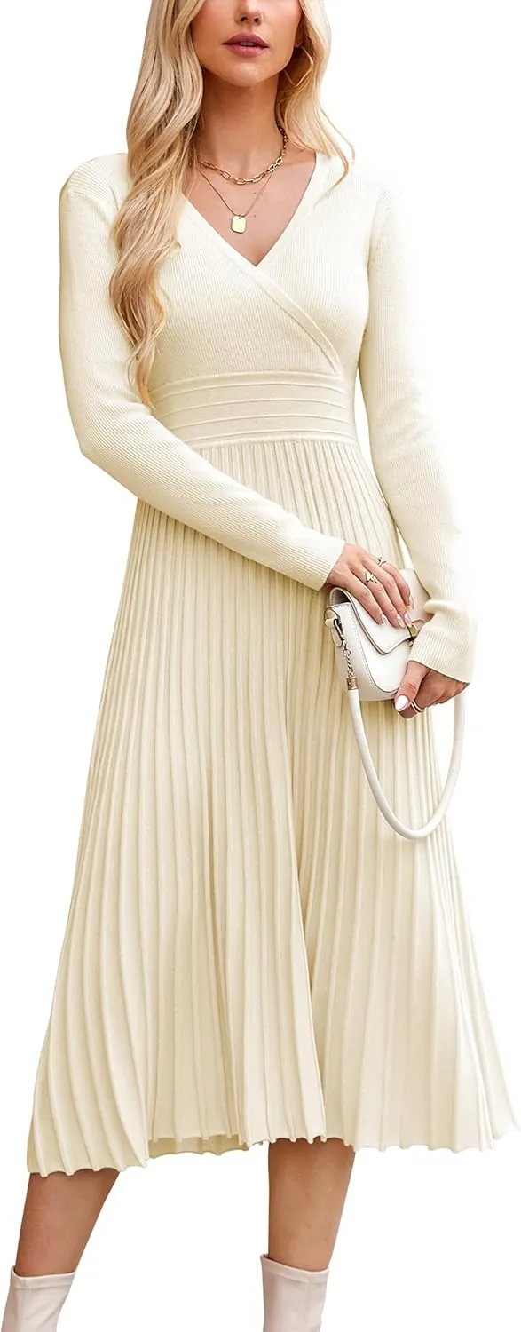 OUGES Womens 2024 Fall Maternity Dress Long Sleeve Wrap V Neck Pleated Midi Dress Casual Sweater Dress Trendy Outfits
