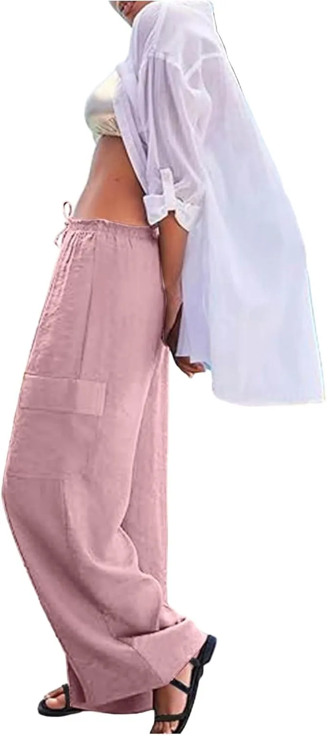 Pants for Women Comfortable Drawstring Loose Pants Lightweight Summer Wide Leg Elastic Waist Trousers with Pockets