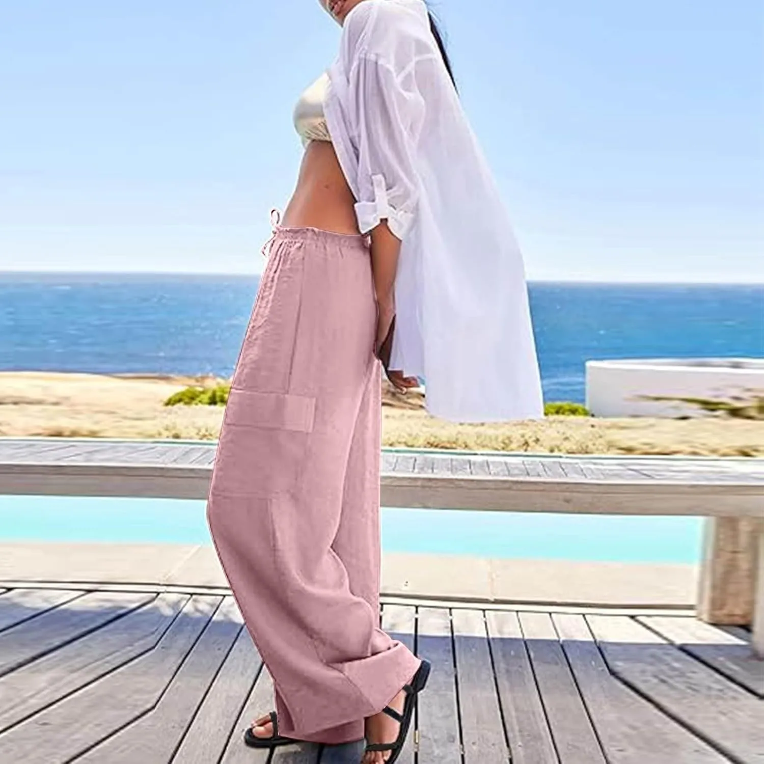 Pants for Women Comfortable Drawstring Loose Pants Lightweight Summer Wide Leg Elastic Waist Trousers with Pockets