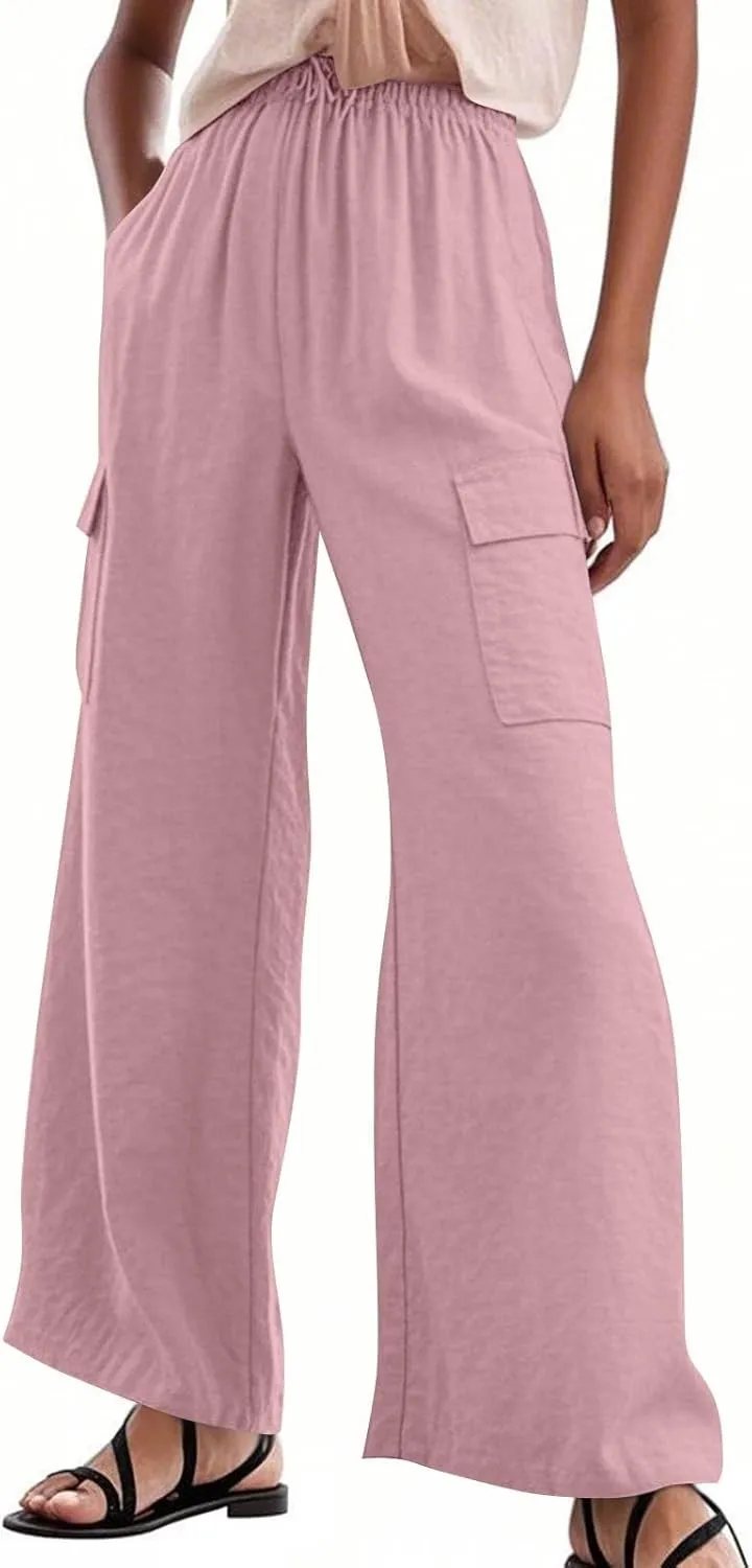 Pants for Women Comfortable Drawstring Loose Pants Lightweight Summer Wide Leg Elastic Waist Trousers with Pockets