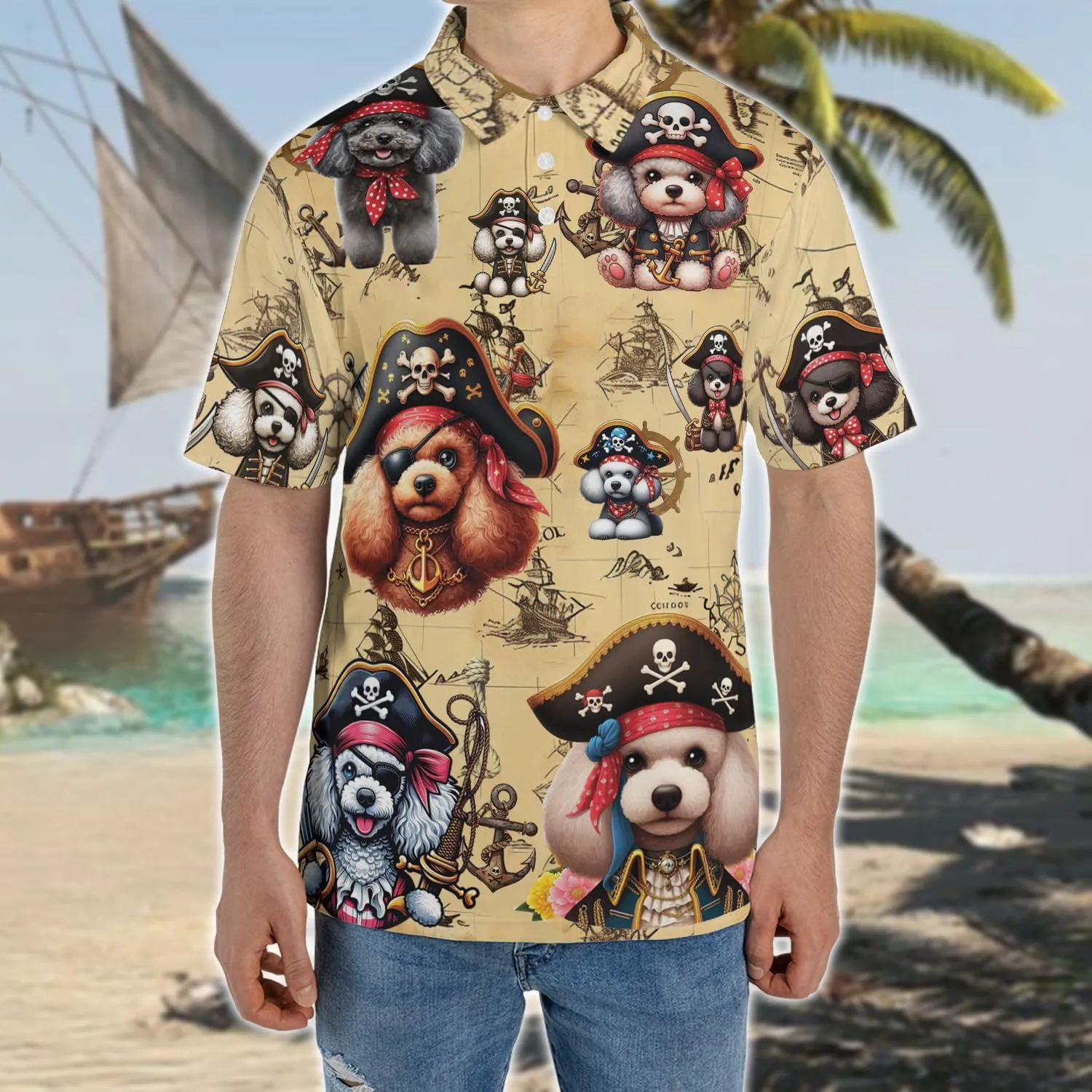Pirate Dog Polo Shirts for Men - Sea Pirate Men's Regular Fit Quick Dry Golf Polo Shirt Series 14