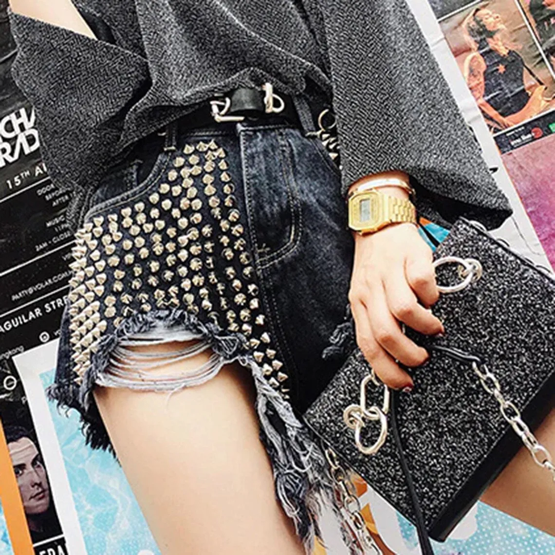Punk One Side Rivets Streetwear High Waisted Shorts