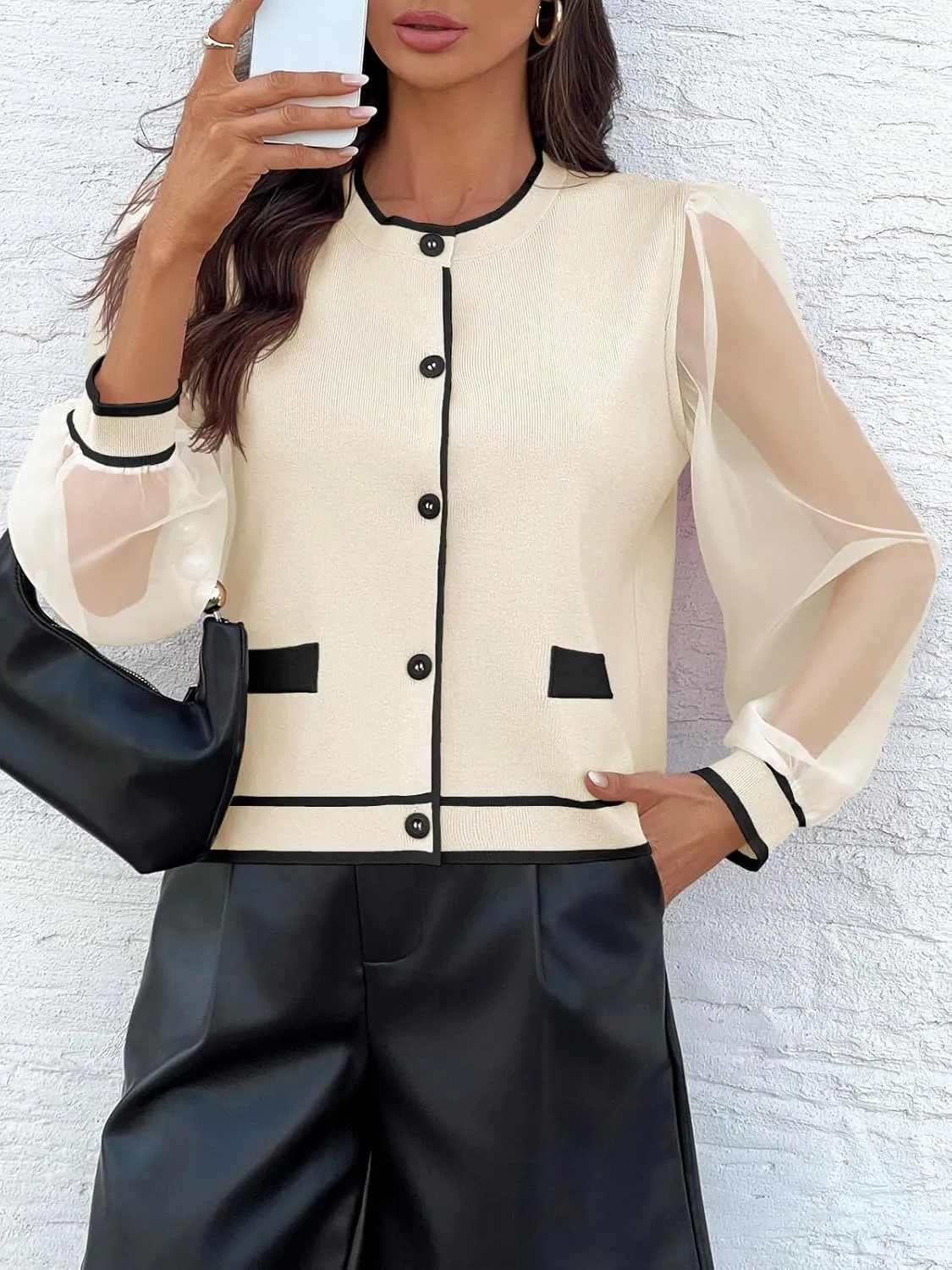 Saodimallsu Womens Dressy Sheer Mesh Puff Sleeve Cardigan Sweaters Color Block Button Shirts Crewneck Knit Blouse Tops
