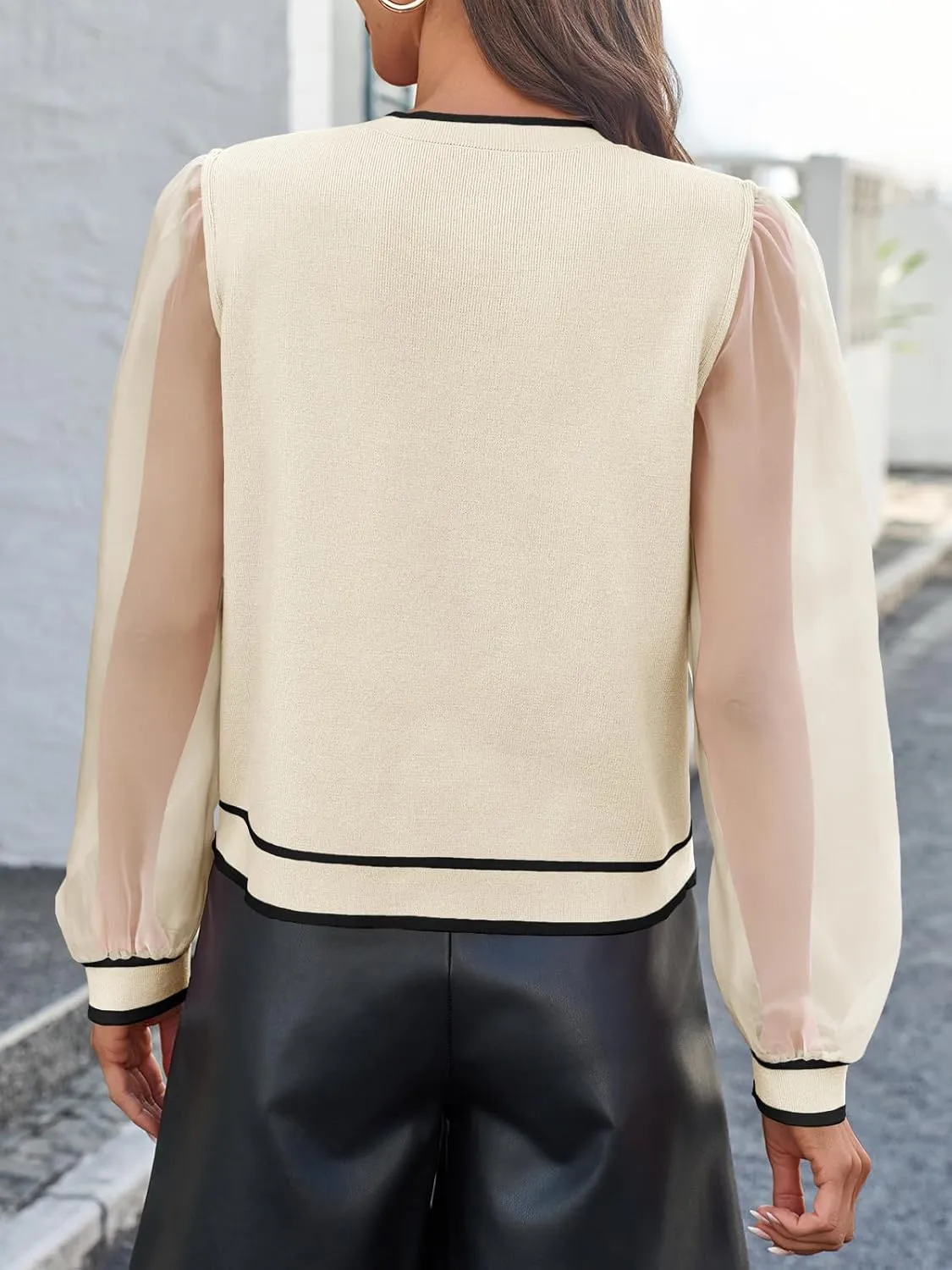 Saodimallsu Womens Dressy Sheer Mesh Puff Sleeve Cardigan Sweaters Color Block Button Shirts Crewneck Knit Blouse Tops