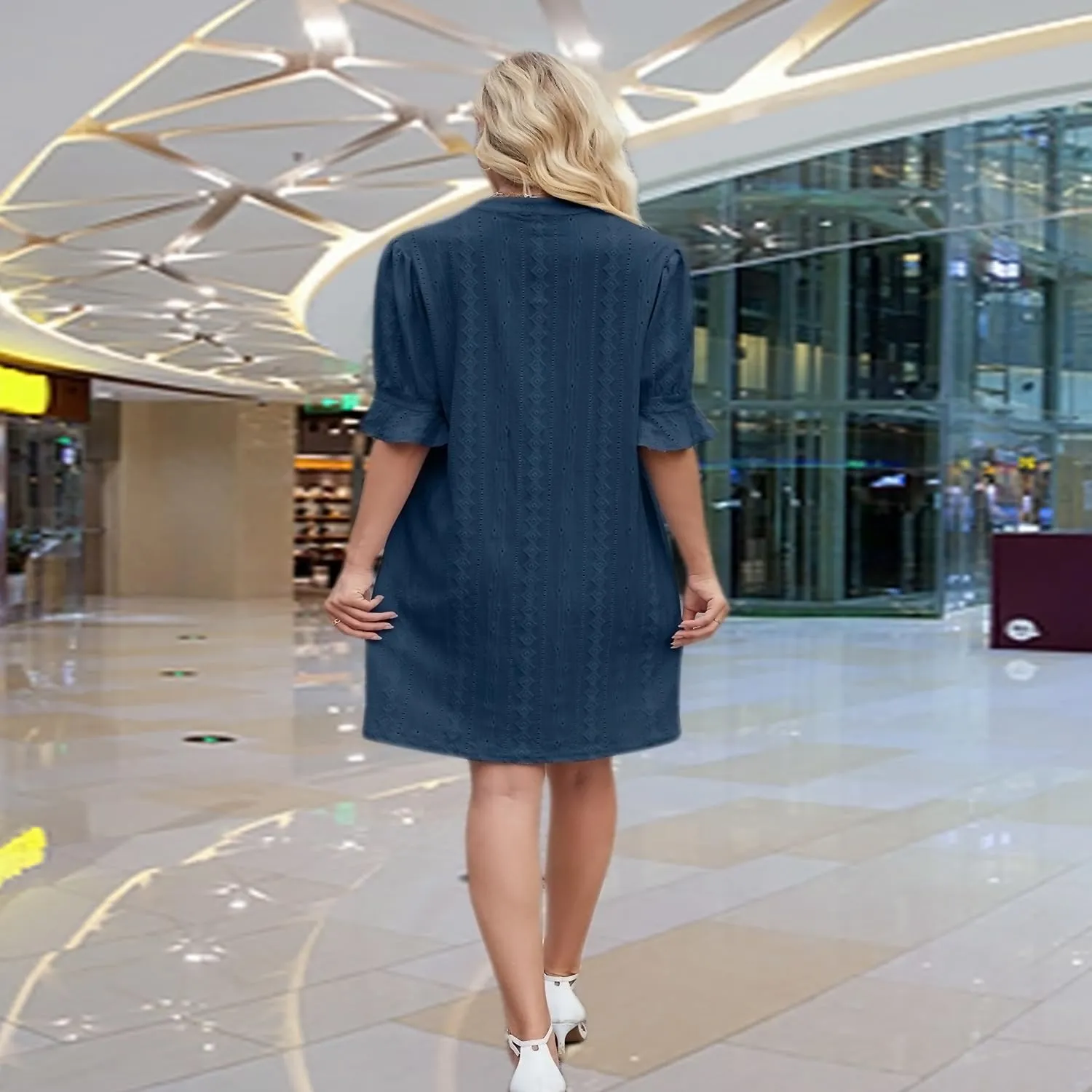 Short Women's Half Sleeve V Neck Embroidered Solid Color Casual Summer Dresses-Chic, Comfortable