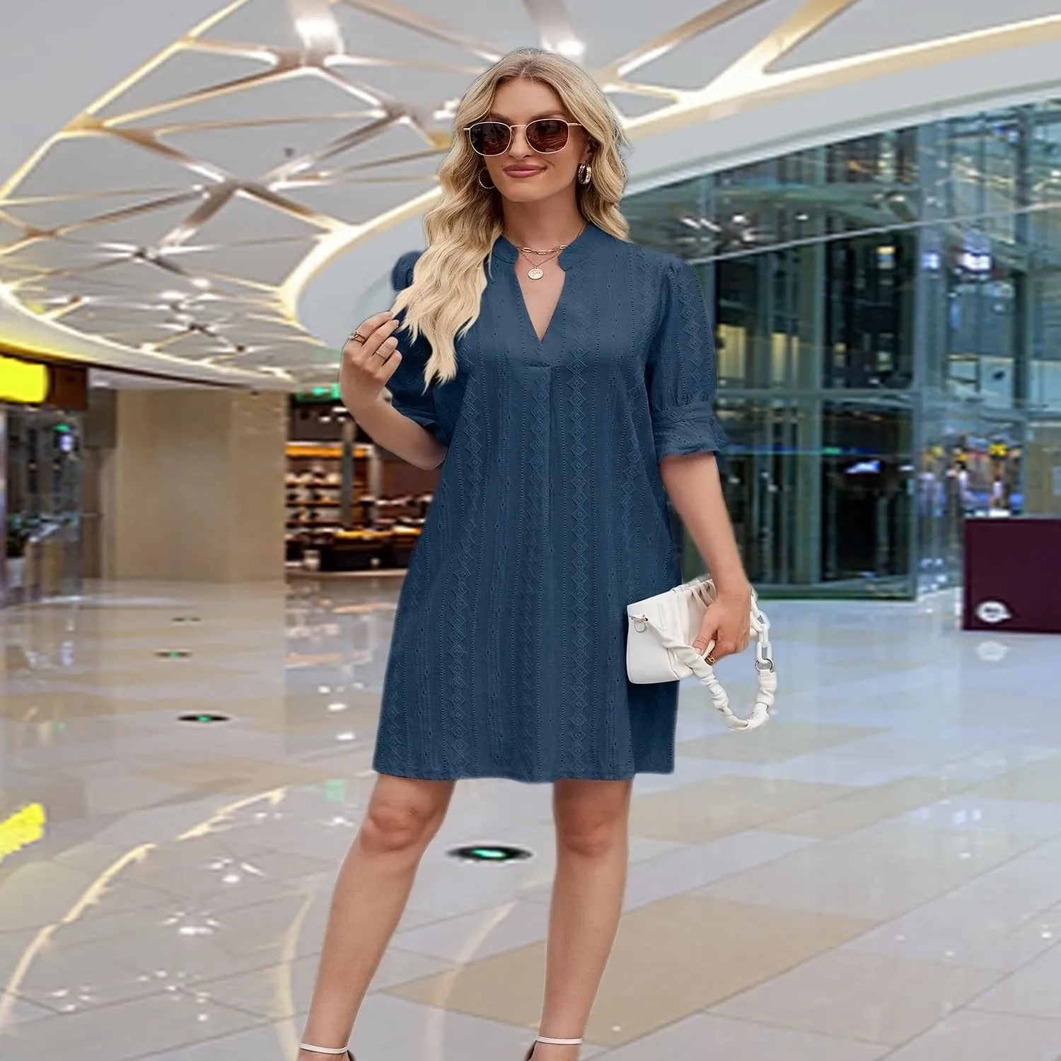 Short Women's Half Sleeve V Neck Embroidered Solid Color Casual Summer Dresses-Chic, Comfortable