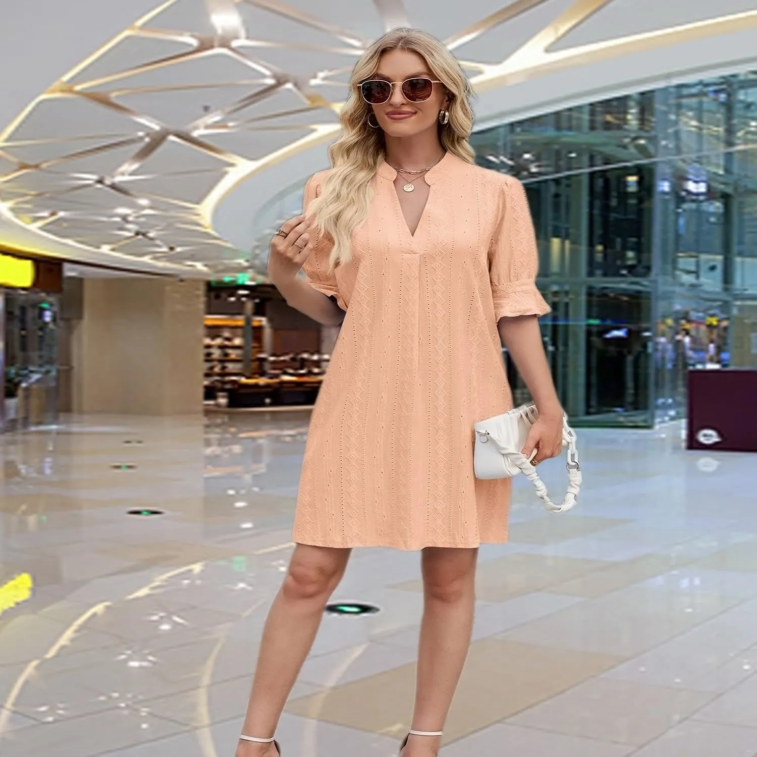 Short Women's Half Sleeve V Neck Embroidered Solid Color Casual Summer Dresses-Chic, Comfortable