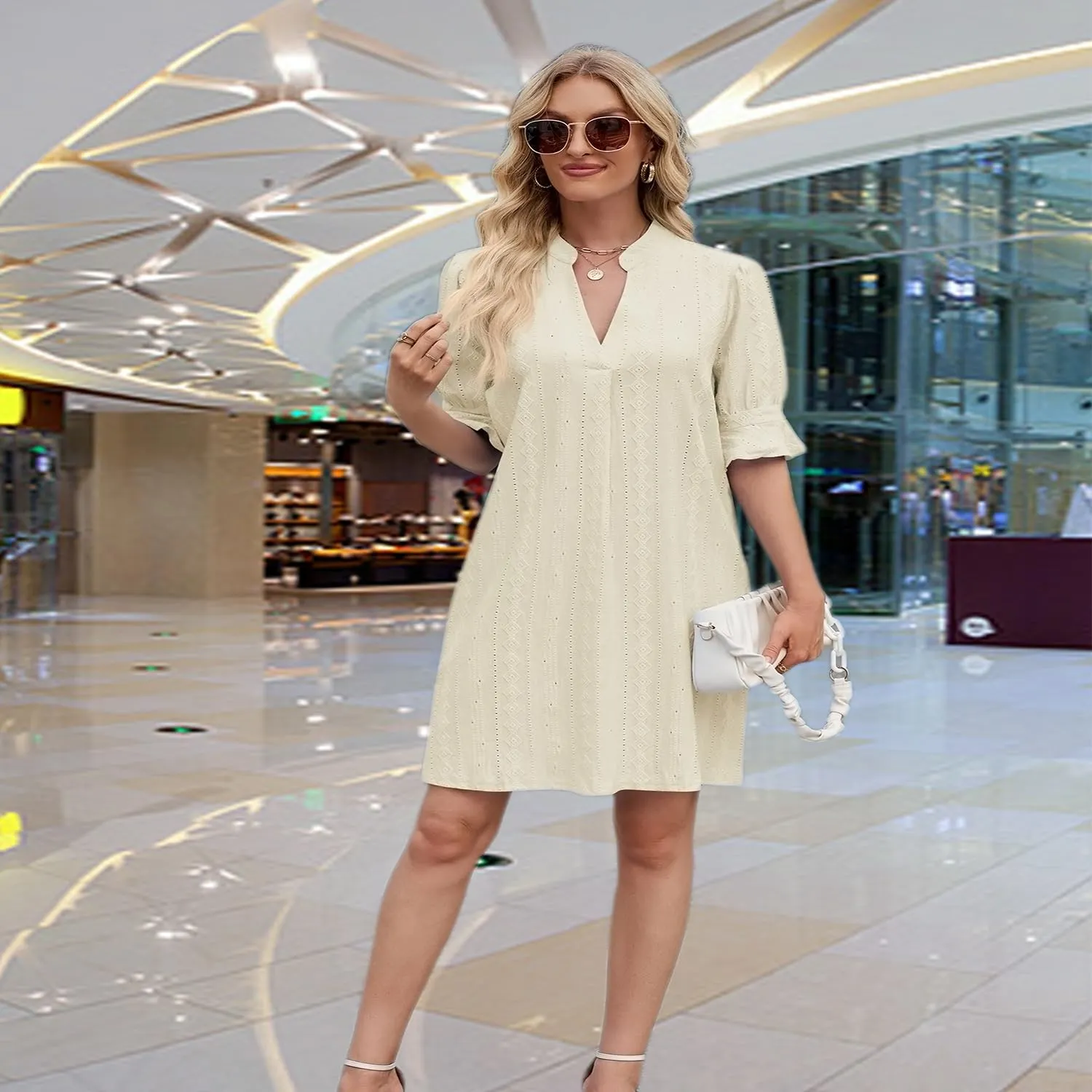 Short Women's Half Sleeve V Neck Embroidered Solid Color Casual Summer Dresses-Chic, Comfortable