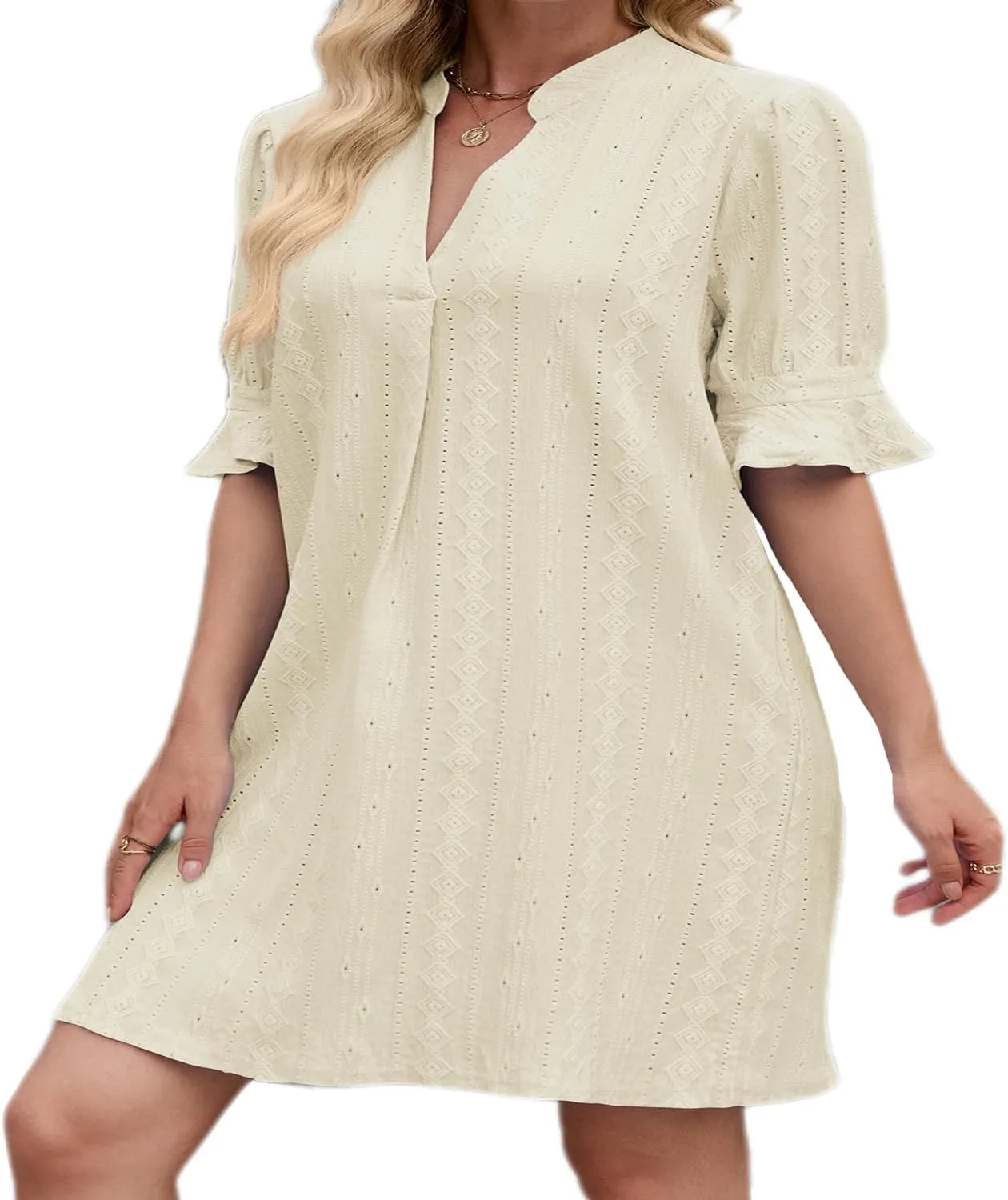 Short Women's Half Sleeve V Neck Embroidered Solid Color Casual Summer Dresses-Chic, Comfortable